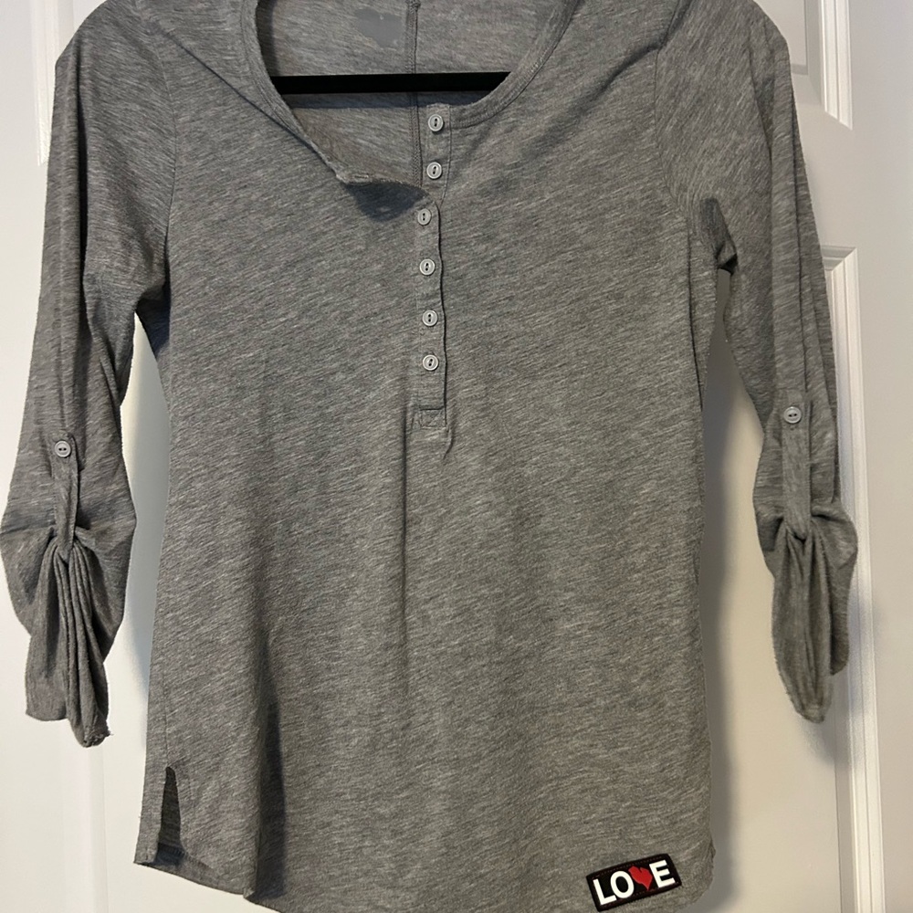 M22 Love Gray Henley Style Cotton Women's Top
